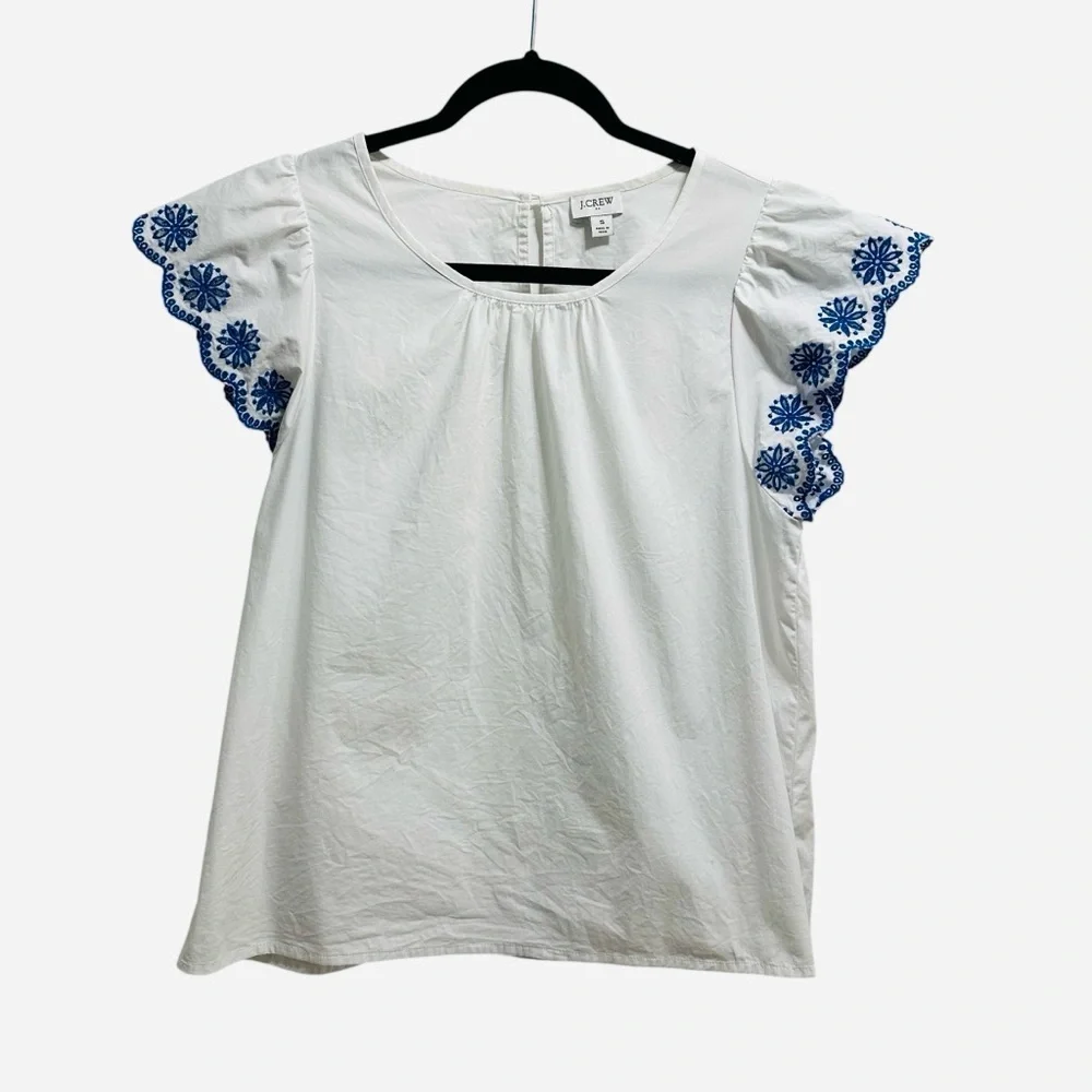 J. Crew embroidered flutter sleeve top white with blue scalloped sleeves Small - Picture 2 of 12
